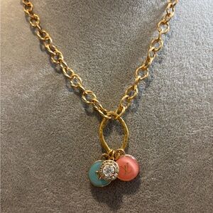 Elegant Gold Necklace with Pink and Blue Charms